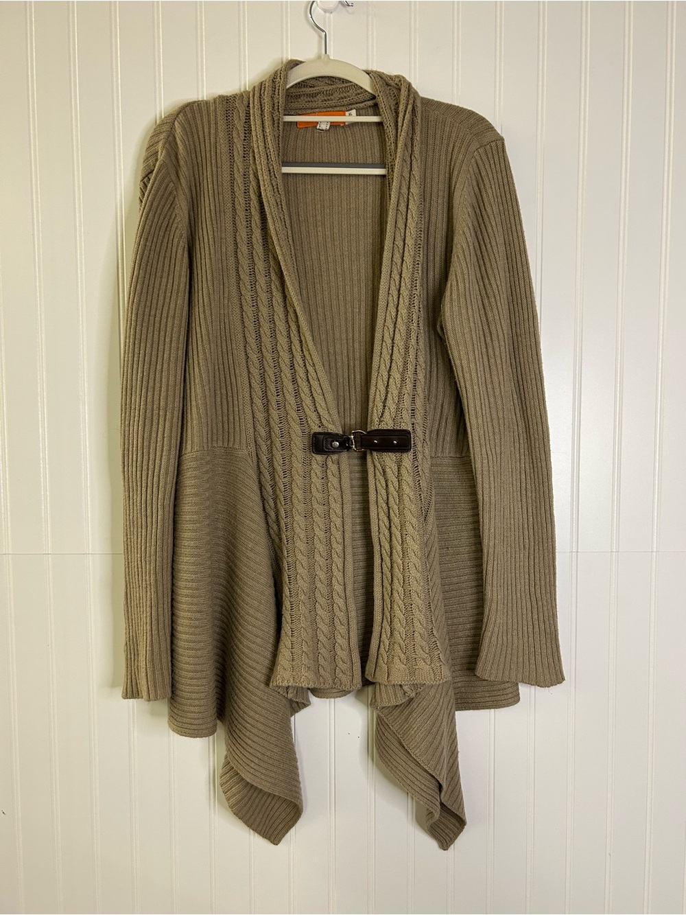Women’s Taupe Cable Knit Open Cardigan with Buckle Closure Size XL
